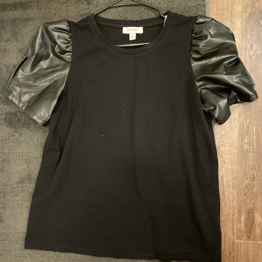 Nine West Black Puff Sleeve Tee with Faux Leather Accents